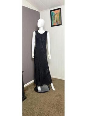1990's Black Paisley Jacquard Bias Maxi Dress from Carole Little L/XL